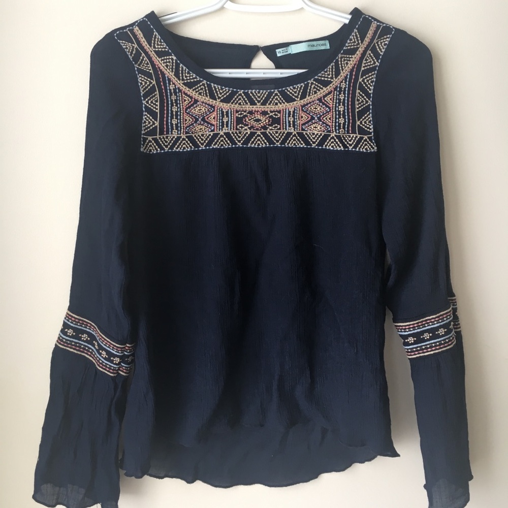 Navy Embroidered Peasant Top